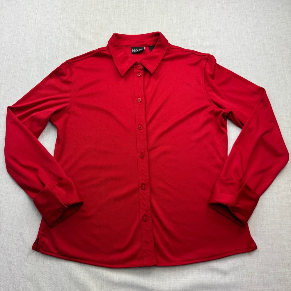 NY & CO Button Down Shirt Women Large Red Long Sleeve Stretch Officecore Retro